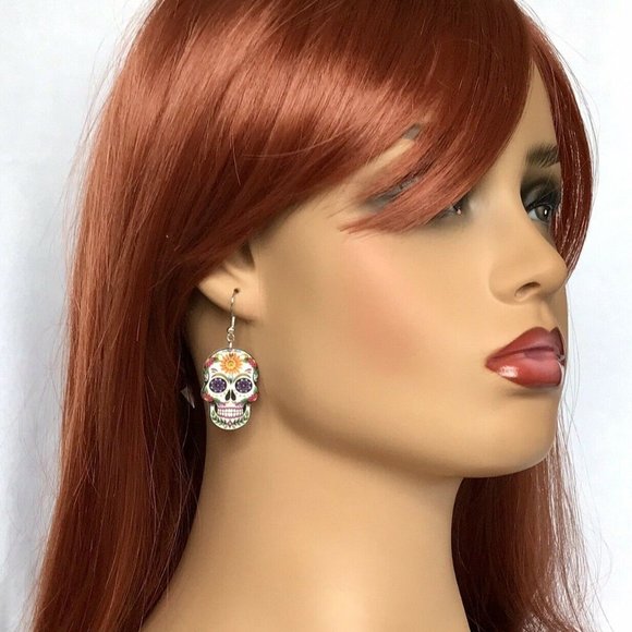 Halloween Day of the Dead Boho Skull Earring + Necklace - Picture 3 of 3
